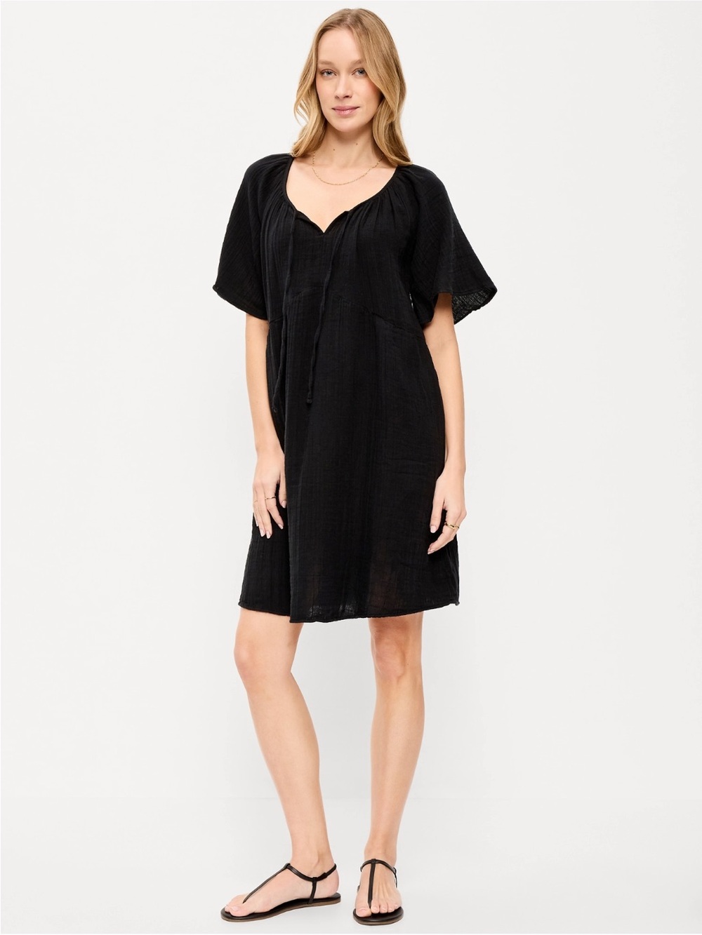 Black Gauze Flutter Sleeve Mini Swing Dress